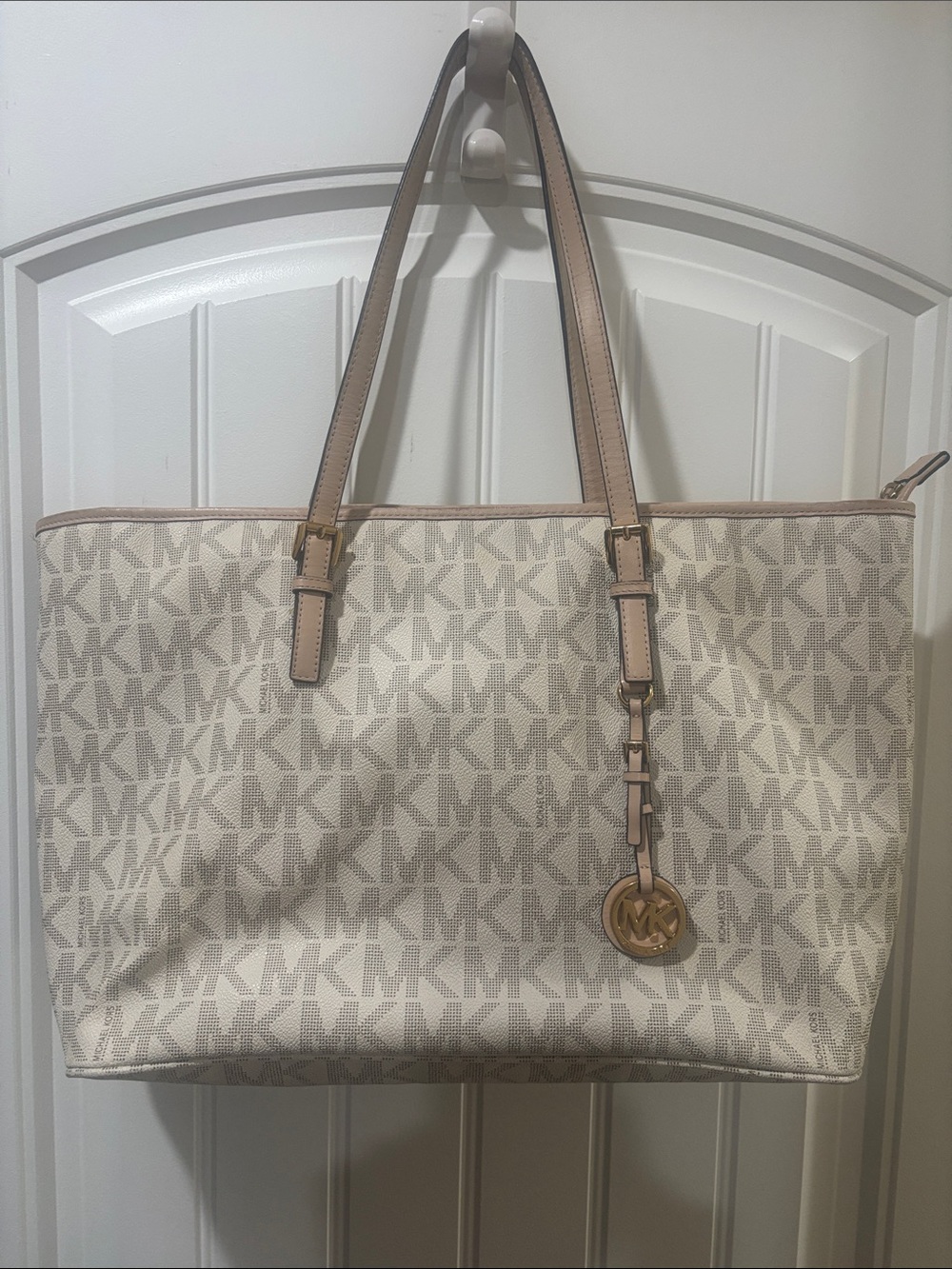 Michael Kors Cream and Tan Logo Tote with Gold Charm